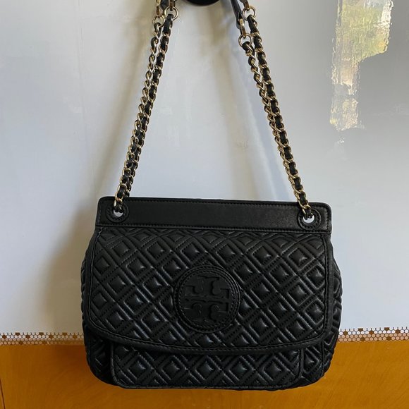 Authentic Tory Burch Black Leather Quilted Flap Shoulder Bag